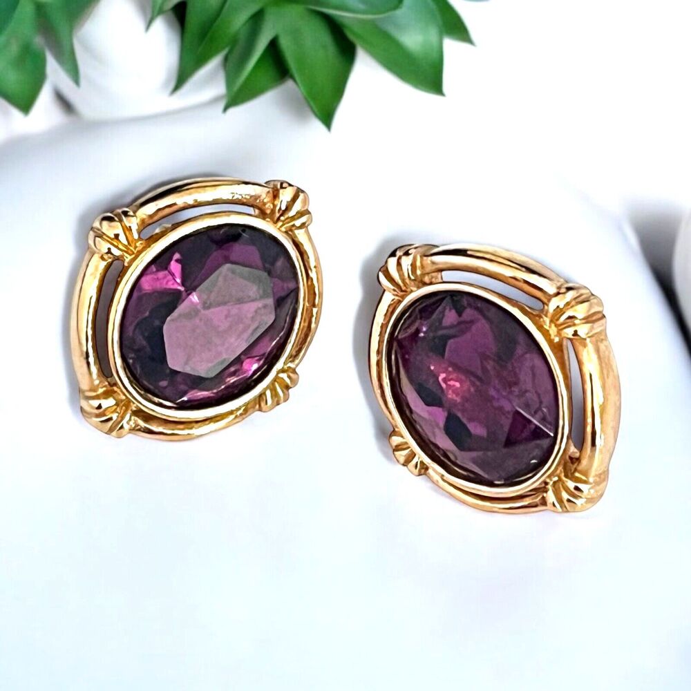 Vintage 1980s Purple Crystal Earrings Gold Tone Oval Pierced - 7J